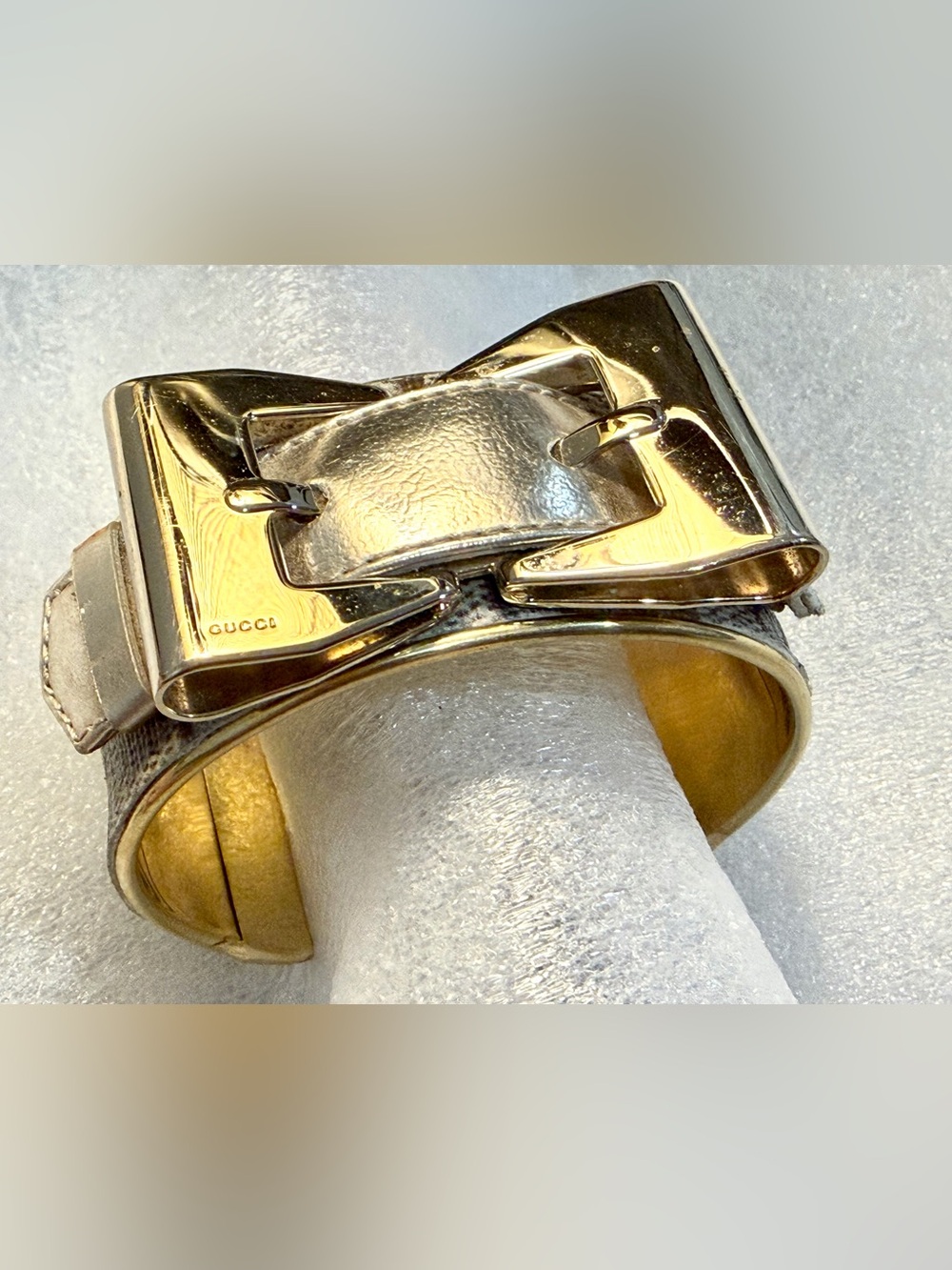 Gucci Gold-Tone Bow Cuff Bracelet with Silver Leather Accent